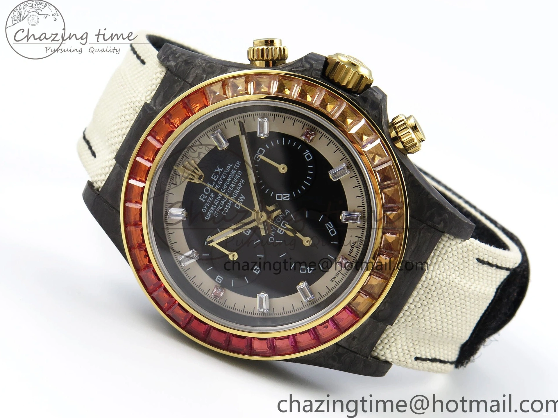 MiroTime 0513 Refined Daytona DIW Carbon Case DIWF Edition Black White Dial Orange Diamonds Bezel on White Nylon Strap A 1668